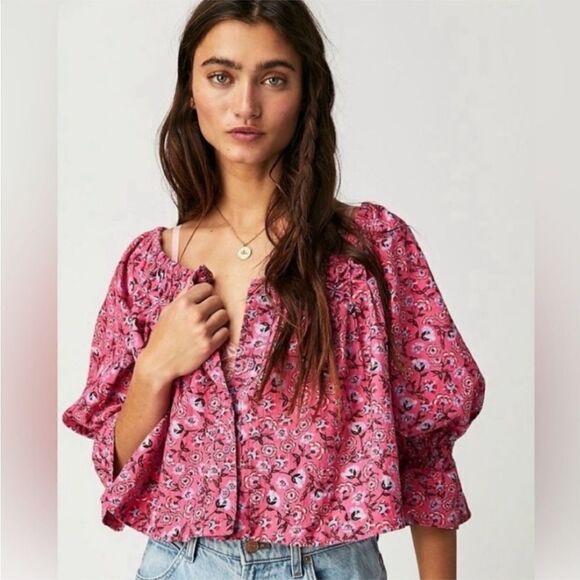 FREE PEOPLE JAMES CROPPED SMOCKED PEASANT BLOUSE - Picture 2 of 11